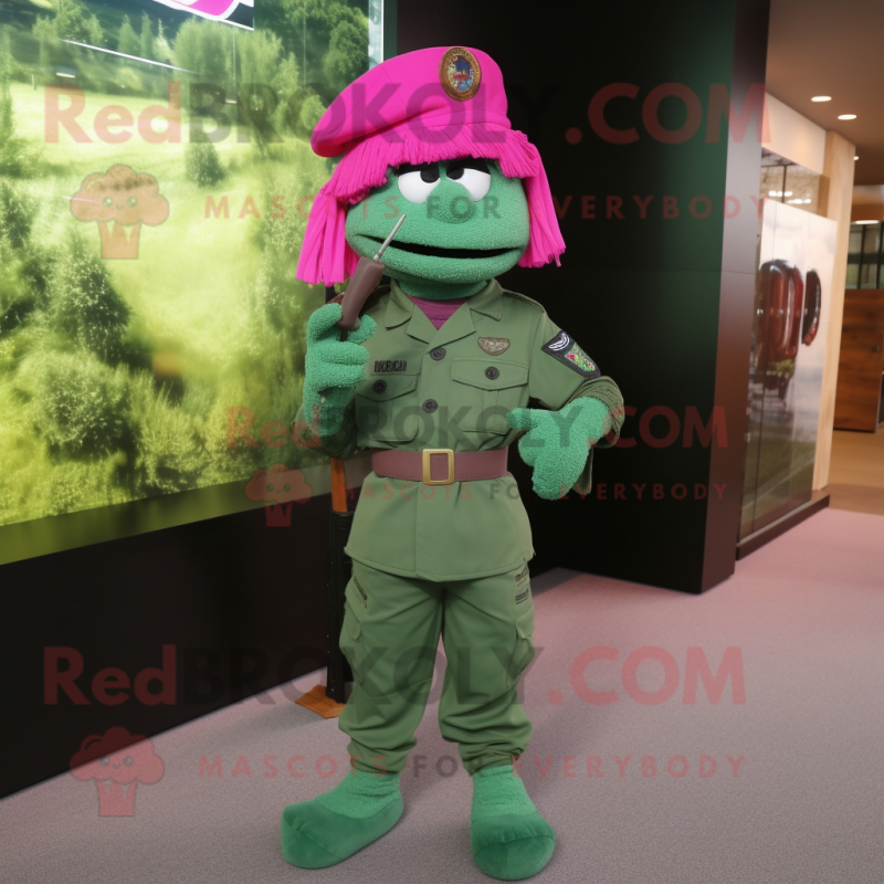 Magenta Green Beret mascot costume character dressed with a Sheath Dress and Clutch bags