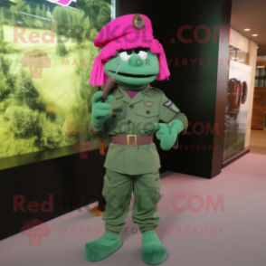 Magenta Green Beret mascot costume character dressed with a Sheath Dress and Clutch bags