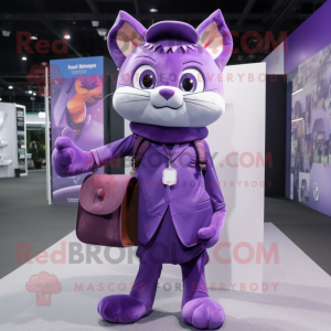 Purple Cat mascot costume character dressed with a Wrap Skirt and Messenger bags