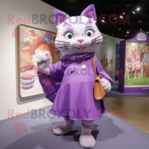 Purple Cat mascot costume character dressed with a Wrap Skirt and Messenger bags