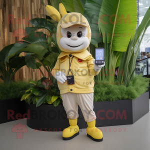 Beige Banana mascot costume character dressed with a Overalls and Smartwatches