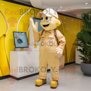 Beige Banana mascot costume character dressed with a Overalls and Smartwatches