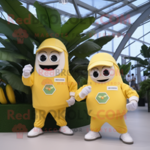 Beige Banana mascot costume character dressed with a Overalls and Smartwatches