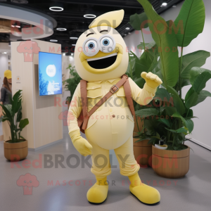Beige Banana mascot costume character dressed with a Overalls and Smartwatches