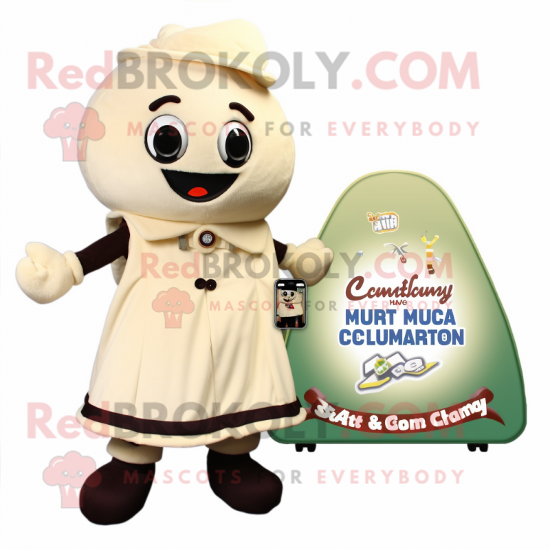 Cream Phone mascot costume character dressed with a Evening Gown and Backpacks Cream Phone mascot costume character dressed with a Evening Gown and Backpacks