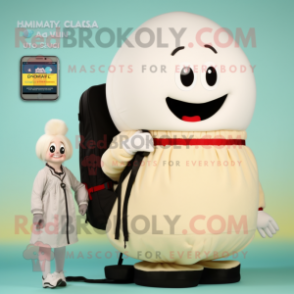 Cream Phone mascot costume character dressed with a Evening Gown and Backpacks