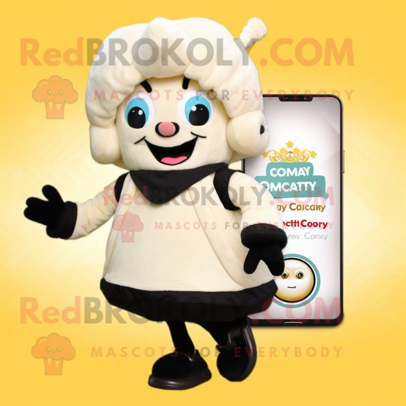Cream Phone mascot costume character dressed with a Evening Gown and Backpacks Cream Phone mascot costume character dressed with a Evening Gown and Backpacks