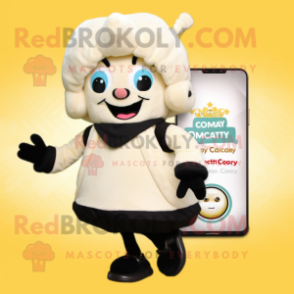Cream Phone mascot costume character dressed with a Evening Gown and Backpacks