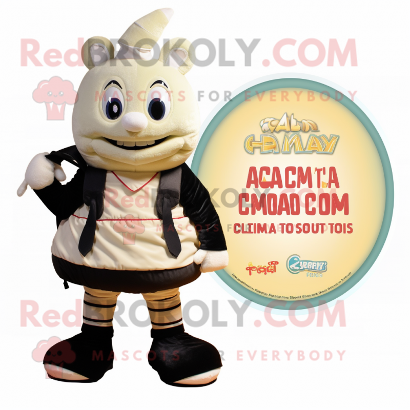 Cream Phone mascot costume character dressed with a Evening Gown and Backpacks Cream Phone mascot costume character dressed with a Evening Gown and Backpacks
