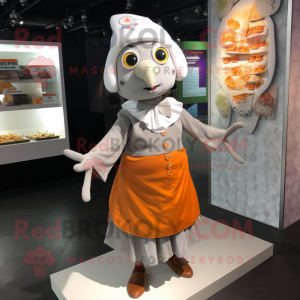 Silver Butter Chicken mascot costume character dressed with a Wrap Skirt and Berets