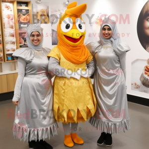 Silver Butter Chicken mascot costume character dressed with a Wrap Skirt and Berets