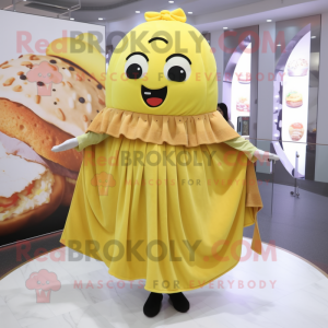 Yellow Hamburger mascot costume character dressed with a Shift Dress and Shawls