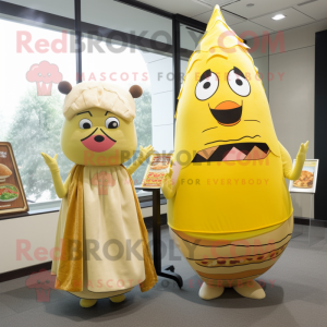 Yellow Hamburger mascot costume character dressed with a Shift Dress and Shawls