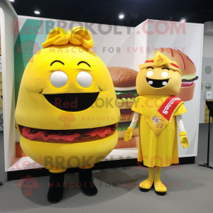 Yellow Hamburger mascot costume character dressed with a Shift Dress and Shawls