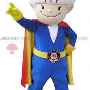 Colorful snowman mascot with a jumpsuit and a cape -