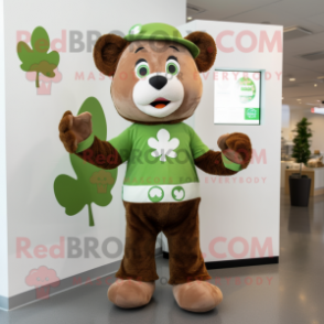 Brown Four Leaf Clover mascot costume character dressed with a Henley Tee and Gloves