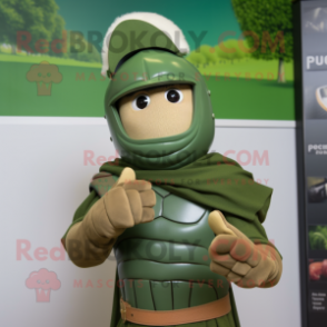 Olive Roman Soldier mascot costume character dressed with a Sweatshirt and Gloves