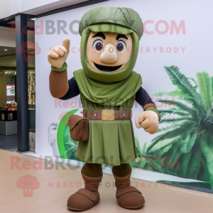 Olive Roman Soldier mascot costume character dressed with a Sweatshirt and Gloves