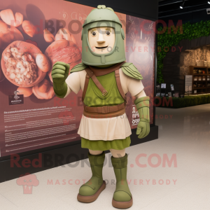 Olive Roman Soldier mascot costume character dressed with a Sweatshirt and Gloves