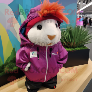 Magenta Guinea Pig mascot costume character dressed with a Windbreaker and Caps