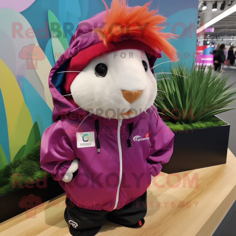 Magenta Guinea Pig mascot costume character dressed with a Windbreaker and Caps Magenta Guinea Pig mascot costume character dressed with a Windbreaker and Caps
