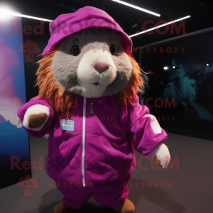 Magenta Guinea Pig mascot costume character dressed with a Windbreaker and Caps