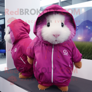 Magenta Guinea Pig mascot costume character dressed with a Windbreaker and Caps