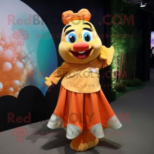 Gold Clown Fish mascot costume character dressed with a Maxi Dress and Bow ties