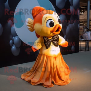 Gold Clown Fish mascot costume character dressed with a Maxi Dress and Bow ties