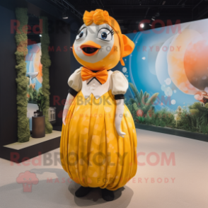 Gold Clown Fish mascot costume character dressed with a Maxi Dress and Bow ties