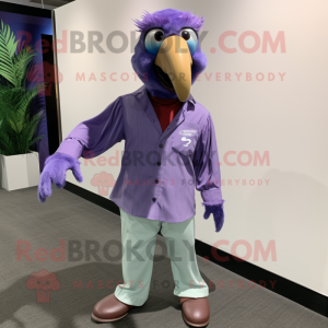 Purple Macaw mascot costume character dressed with a Button-Up Shirt and Cufflinks