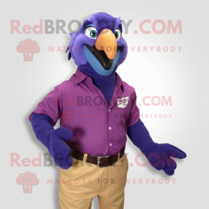 Purple Macaw mascot costume character dressed with a Button-Up Shirt and Cufflinks