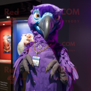 Purple Macaw mascot costume character dressed with a Button-Up Shirt and Cufflinks