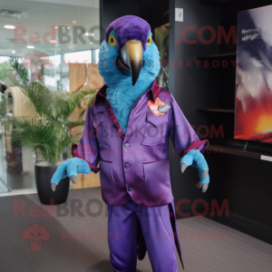 Purple Macaw mascot costume character dressed with a Button-Up Shirt and Cufflinks