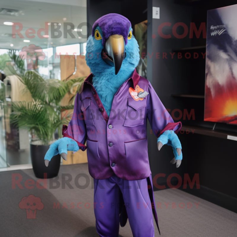 Purple Macaw mascot costume character dressed with a Button-Up Shirt and Cufflinks Purple Macaw mascot costume character dressed with a Button-Up Shirt and Cufflinks