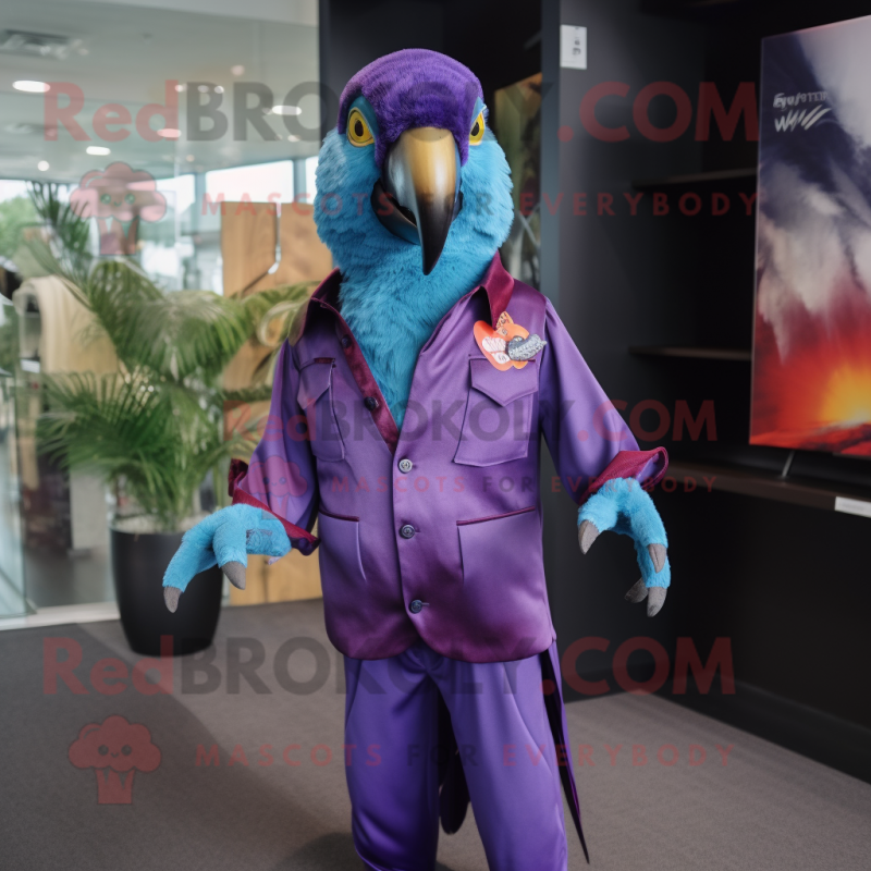 Purple Macaw mascot costume character dressed with a Button-Up Shirt and Cufflinks