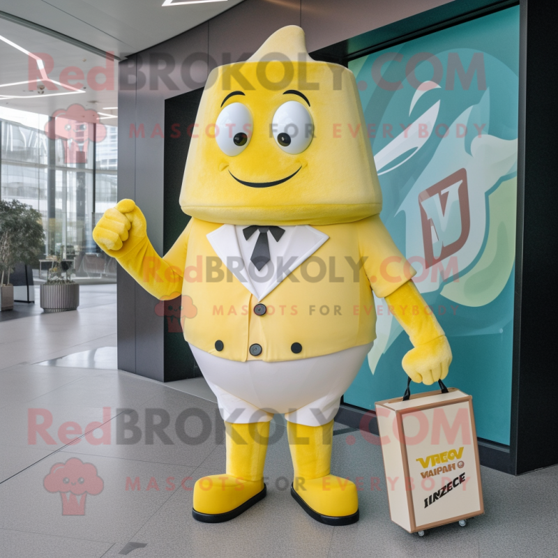 Lemon Yellow Ice Cream mascot costume character dressed with a V-Neck Tee and Briefcases Lemon Yellow Ice Cream mascot costume character dressed with a V-Neck Tee and Briefcases