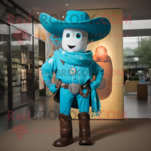 Turquoise Cowboy mascot costume character dressed with a Polo Shirt and Tie pins