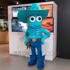 Turquoise Cowboy mascot costume character dressed with a Polo Shirt and Tie pins