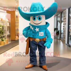 Turquoise Cowboy mascot costume character dressed with a Polo Shirt and Tie pins