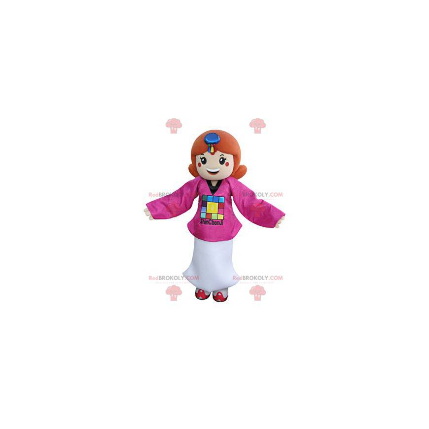 Red-haired girl mascot dressed in a pink and white outfit -