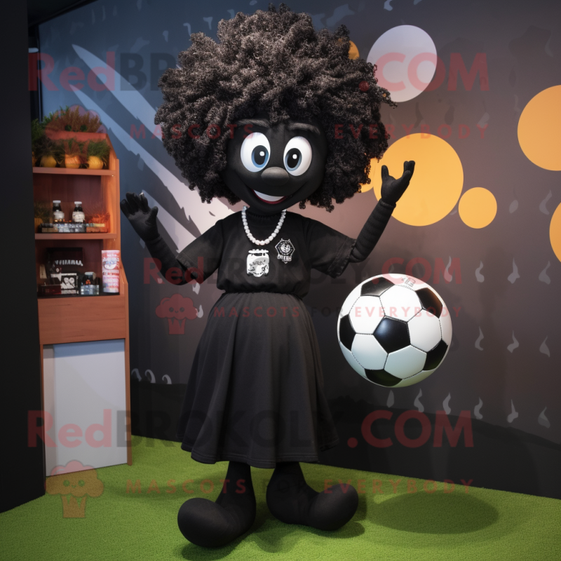 Black Soccer Ball mascot costume character dressed with a A-Line Dress and Necklaces