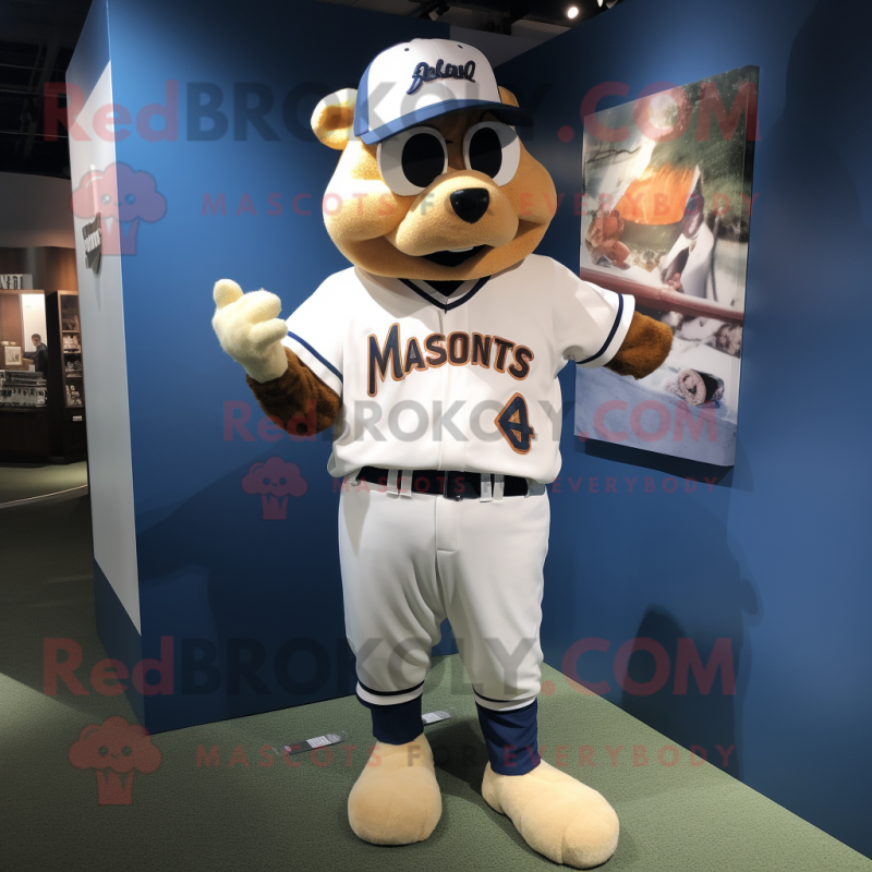 White Moussaka mascot costume character dressed with a Baseball Tee and Shoe clips White Moussaka mascot costume character dressed with a Baseball Tee and Shoe clips