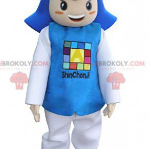 Jongen mascotte gekleed in blauw en wit kostuum. -