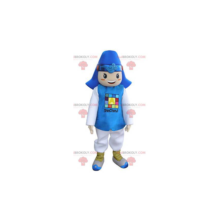 Boy mascot dressed in blue and white costume. - Redbrokoly.com