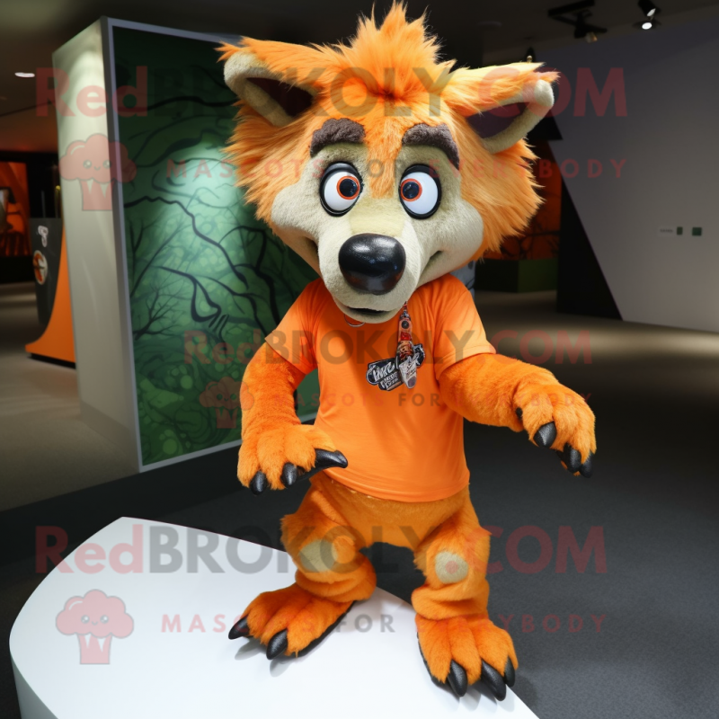 Orange Hyena mascot costume character dressed with a T-Shirt and Shoe clips Orange Hyena mascot costume character dressed with a T-Shirt and Shoe clips