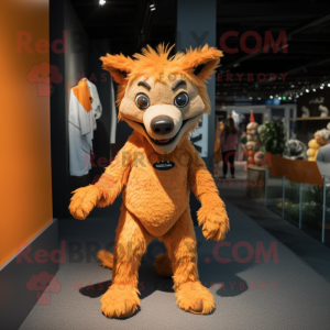 Orange Hyena mascot costume character dressed with a T-Shirt and Shoe clips