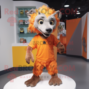 Orange Hyena mascot costume character dressed with a T-Shirt and Shoe clips