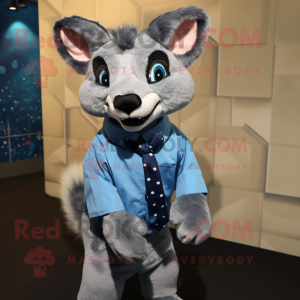 Blue Civet mascot costume character dressed with a Button-Up Shirt and Bow ties