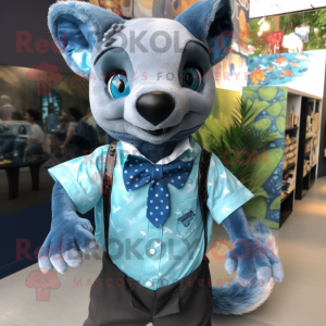 Blue Civet mascot costume character dressed with a Button-Up Shirt and Bow ties